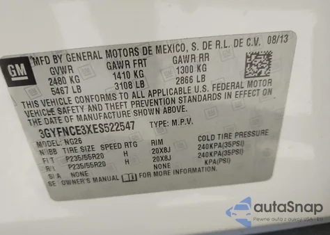 2014 Cadillac Srx Performance Collection z USA, uszkodzony, nr VIN 3GYFNCE3XES522547